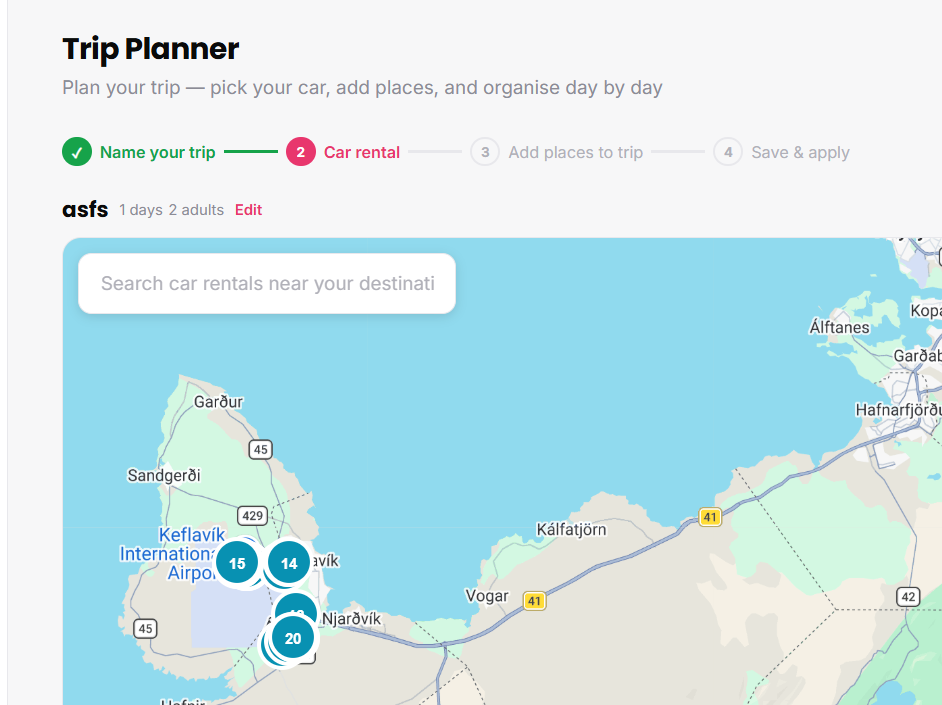 Trip Planner — creator building a trip and selecting stops on a map